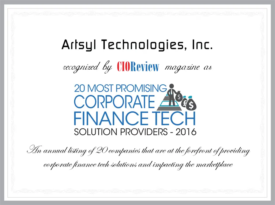 Artsyl Technologies recognized by CIOReview magazine as 20 most promising corporate finance tech solution providers - 2016 - Artsyl