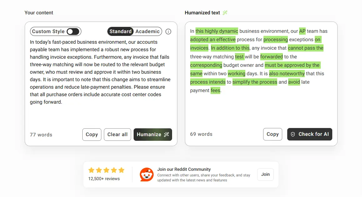 GPTinf humanizer rewriting an AI-drafted accounts
payable update in Standard mode
