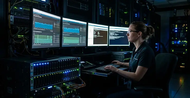 IT engineer monitoring VMware ESXi hosts in a dark server room with multiple dashboards