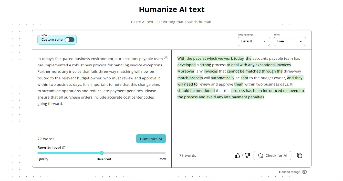 Humanize AI rewriting an AI-drafted accounts
payable update, with edits highlighted and the Rewrite level slider below
