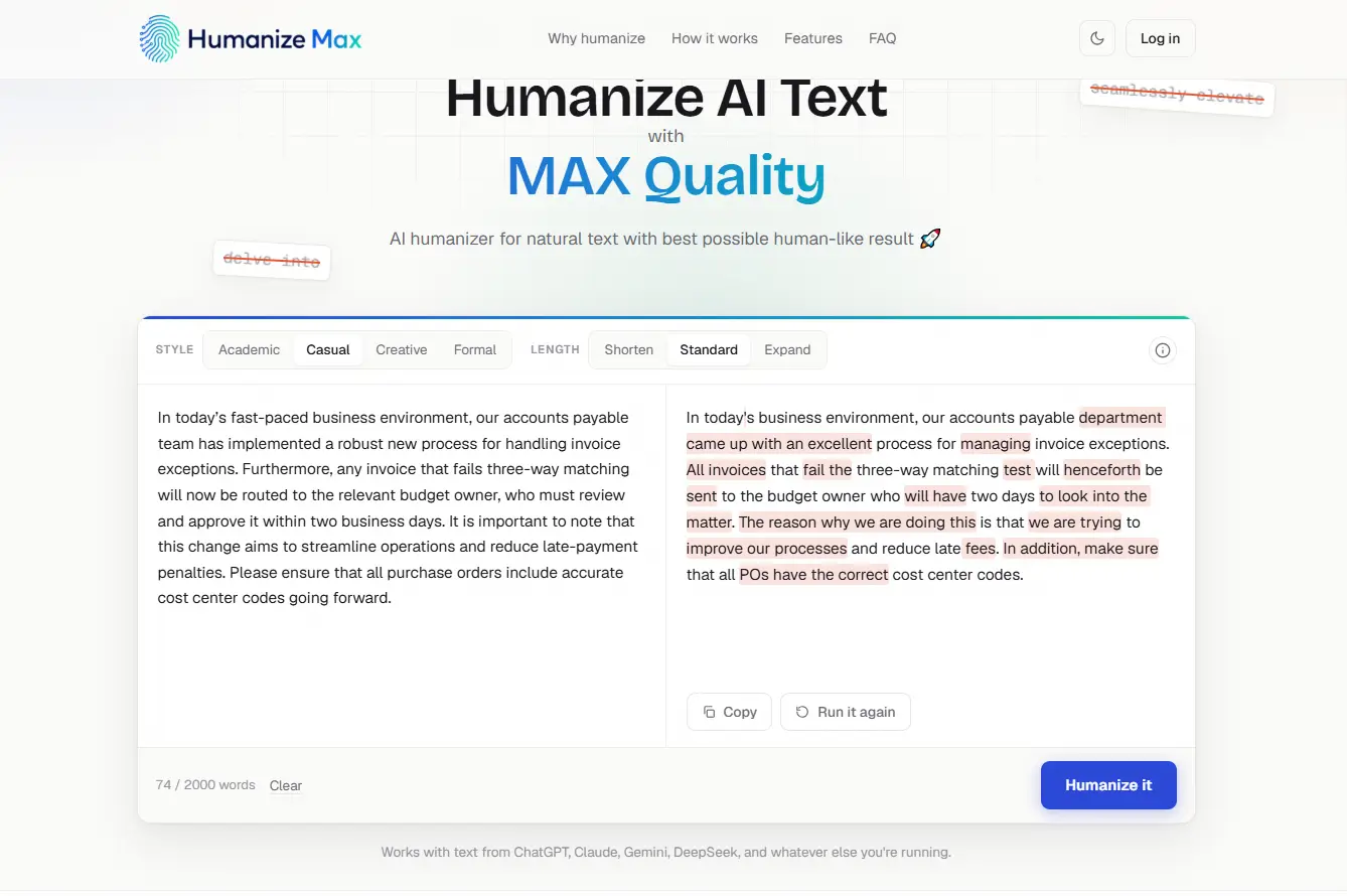 Humanize Max rewriting an AI-drafted accounts
payable update, with the changes highlighted