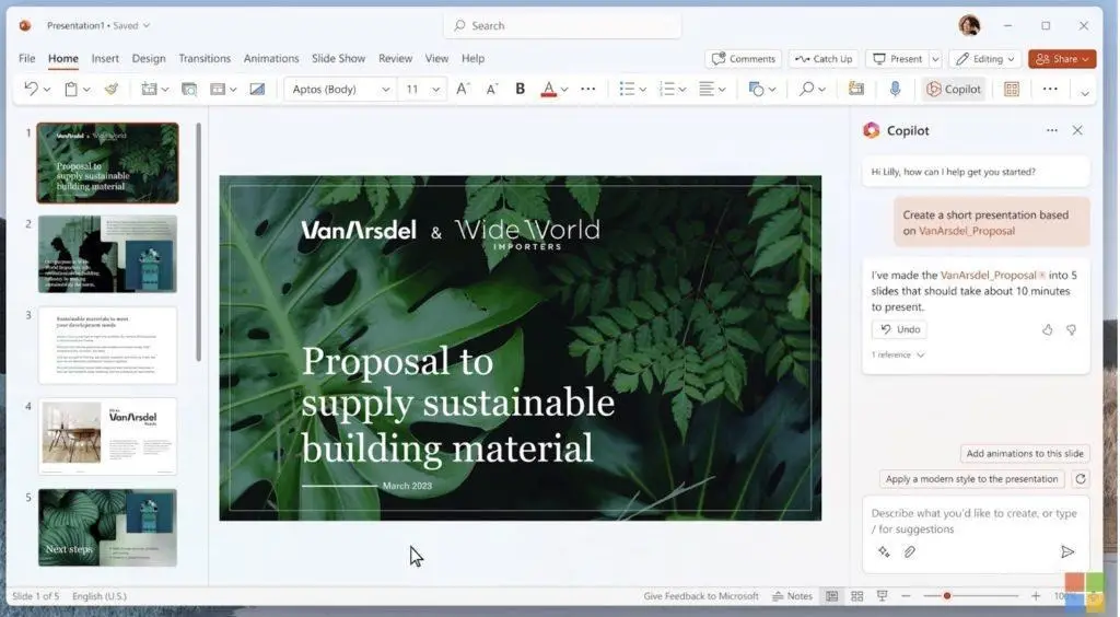 Microsoft Copilot generating a PowerPoint sales deck inside Microsoft 365