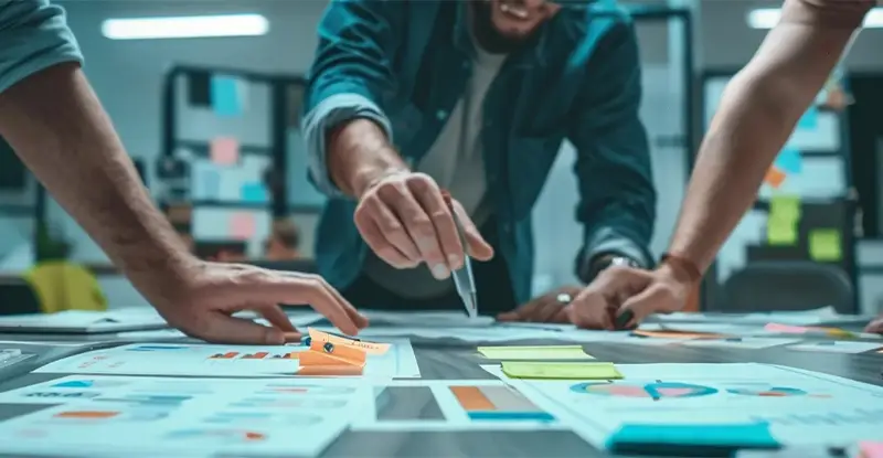 A group of professionals collaborating on a project at a table, utilizing top proposal management software.