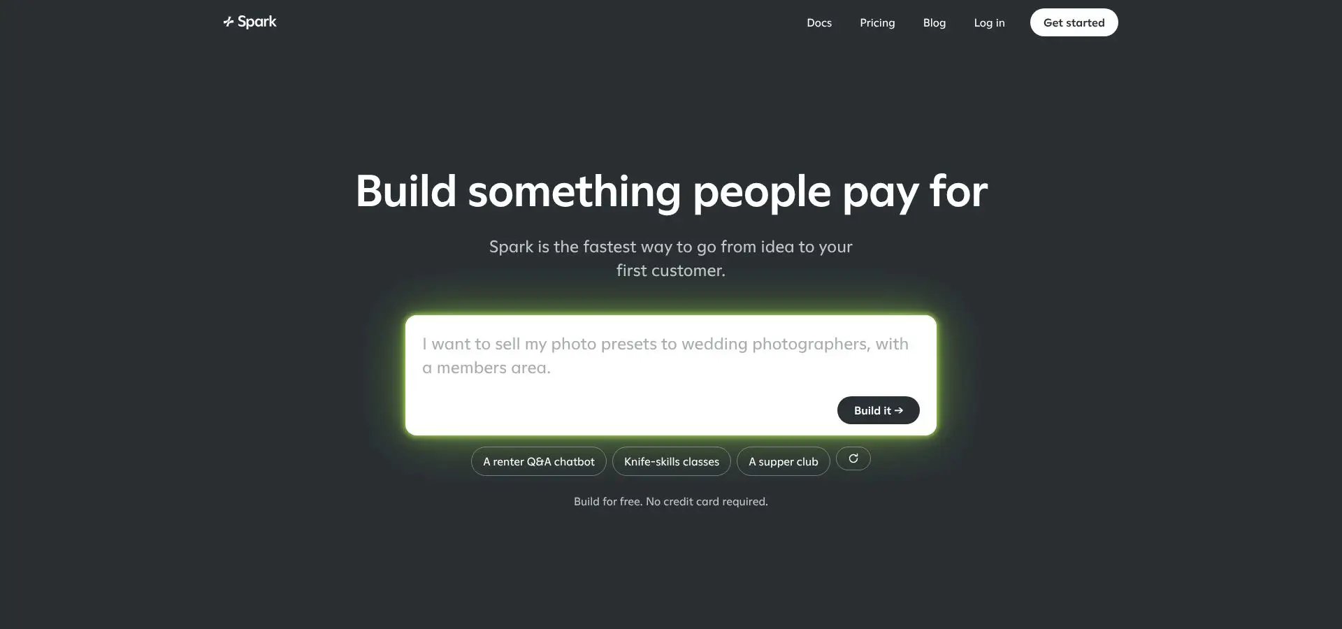 Spark home page: you start by describing the idea in a chat.